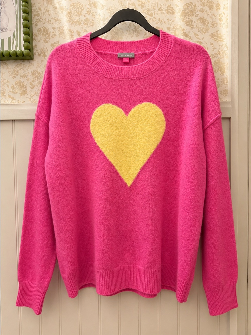 Vince Camuto Hot Pink Crewneck Sweater with Yellow Heart